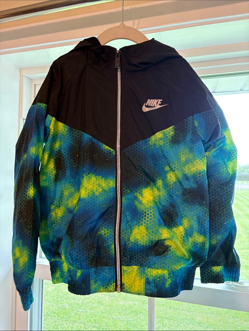 Nike Black Hooded Windbreaker with Blue & Yellow Tie-Dye Print